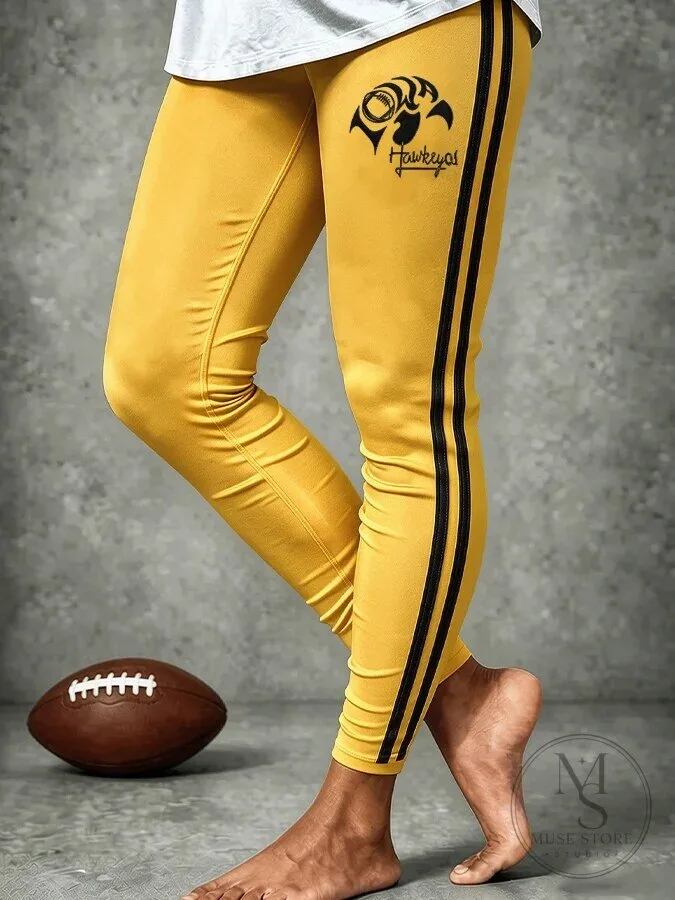 Iowa Hawkeyes Gold Stripe Black Football Leggings for Women 7 Iowa Hawkeyes Gold Stripe Black Football Leggings for Women