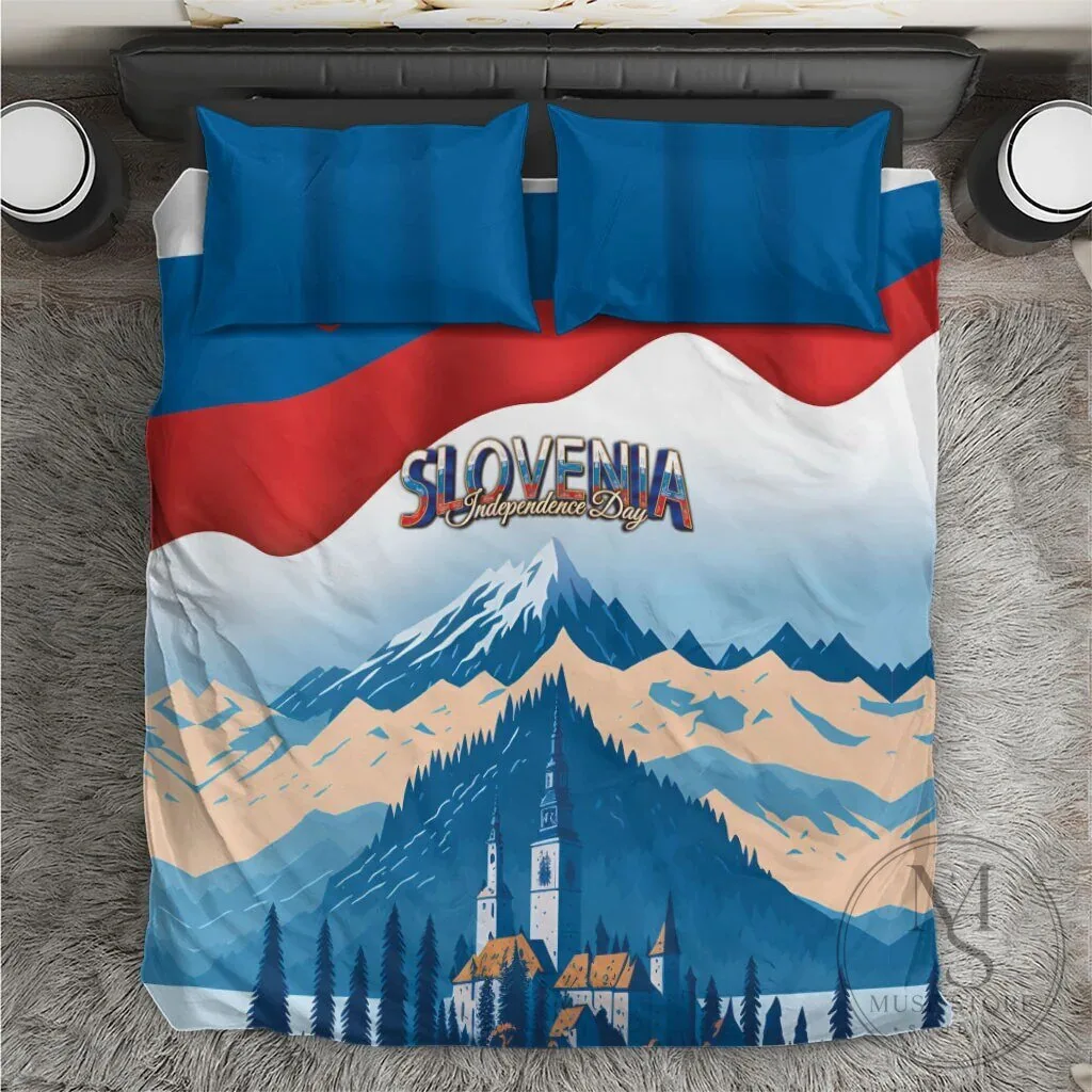 Slovenia Independence Day Lake Bled Julian Alps Landscape Bedding Set
