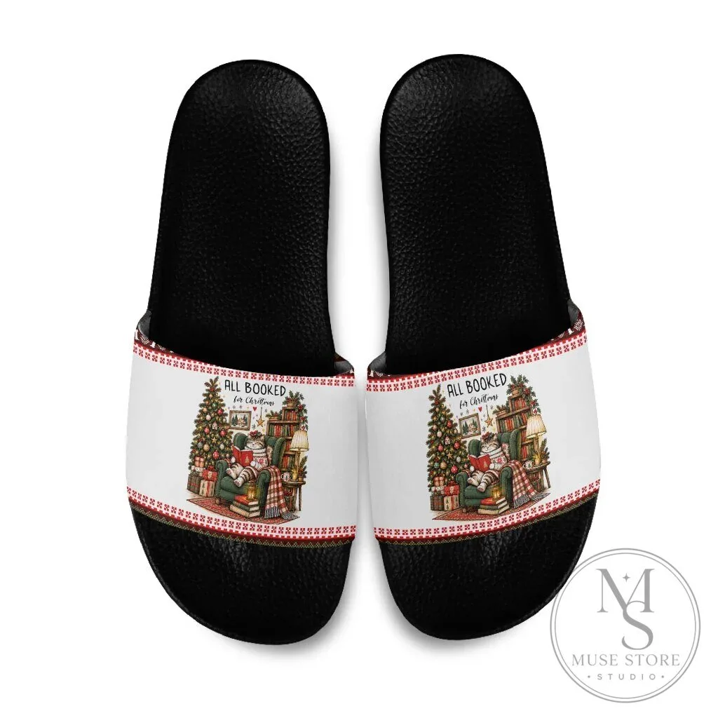 All Booked For Christmas Cozy Reader Cat Fair Isle Knit Pattern Slide Sandals