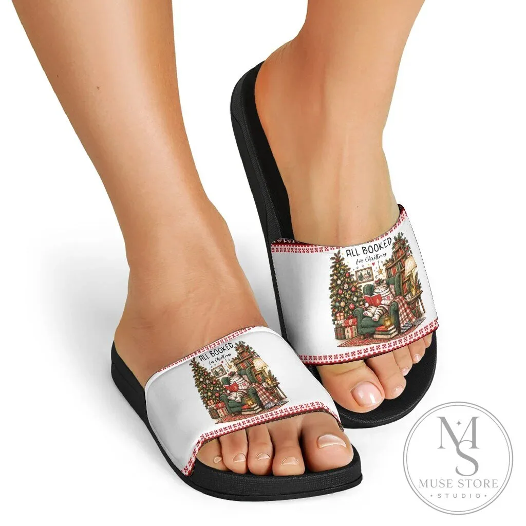 All Booked For Christmas Cozy Reader Cat Fair Isle Knit Pattern Slide Sandals 12 All Booked For Christmas Cozy Reader Cat Fair Isle Knit Pattern Slide Sandals