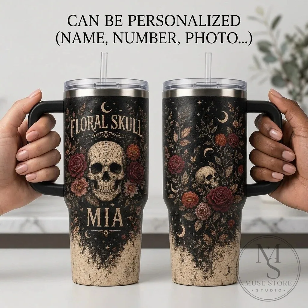 Personalized Floral Skull Gothic Rose Celestial Design 40oz Tumbler with Handle