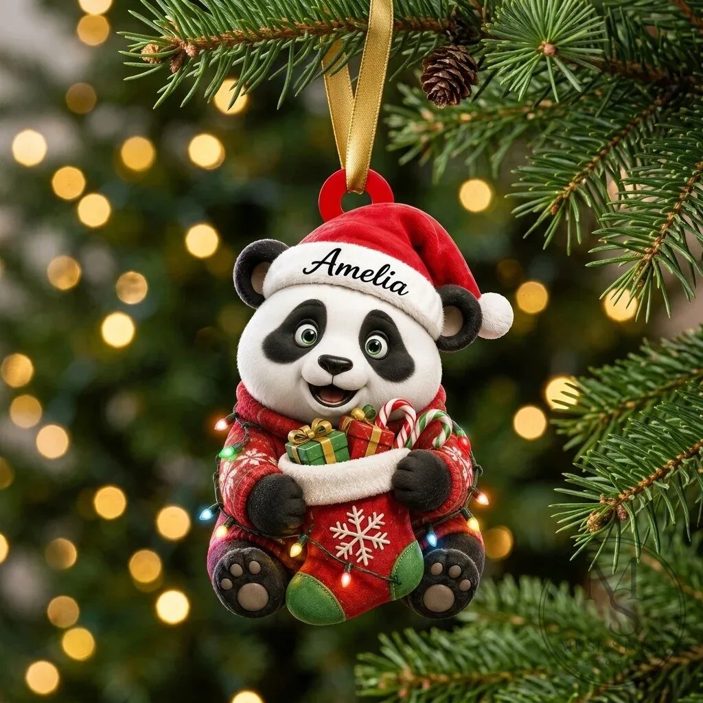 Personalized Christmas Panda Bear Holding Stocking Tree Ornament
