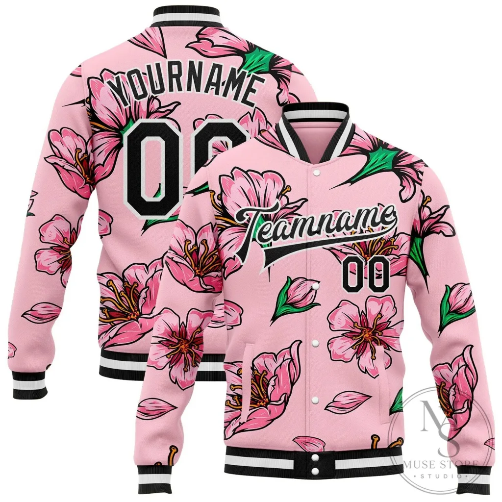 Pink Cherry Blossom Floral Custom Name Number Full-Snap Varsity Jacket Pink Cherry Blossom Floral Custom Name Number Full-Snap Varsity Jacket