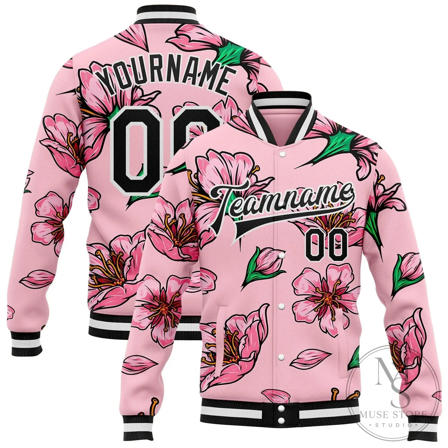 Pink Cherry Blossom Floral Custom Name Number Full-Snap Varsity Jacket