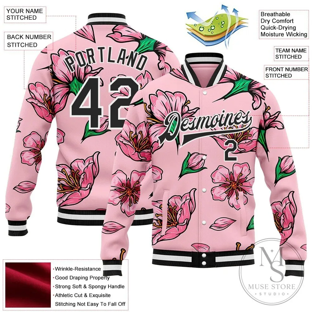 Pink Cherry Blossom Floral Custom Name Number Full-Snap Varsity Jacket 11 Pink Cherry Blossom Floral Custom Name Number Full-Snap Varsity Jacket