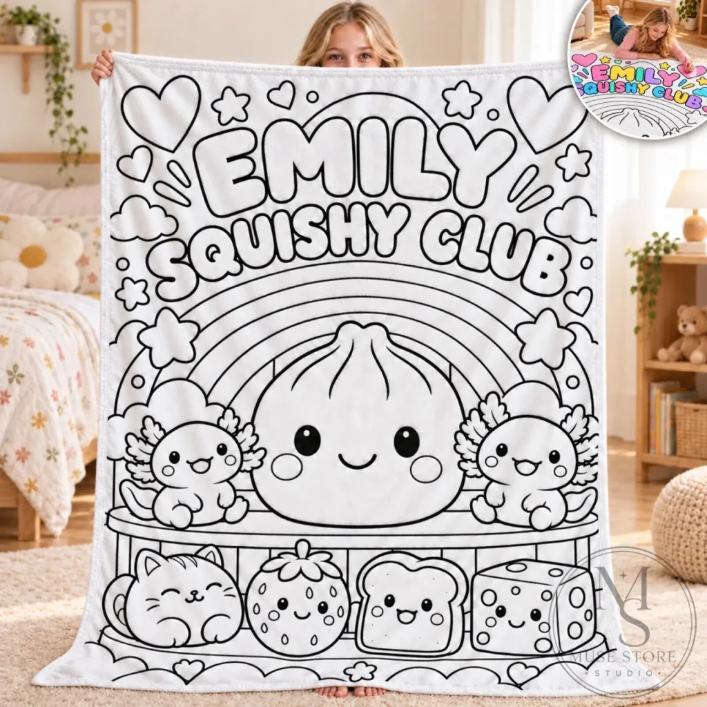 Personalized Emily Squishy Club Kawaii Doodle Coloring Blanket Personalized Emily Squishy Club Kawaii Doodle Coloring Blanket