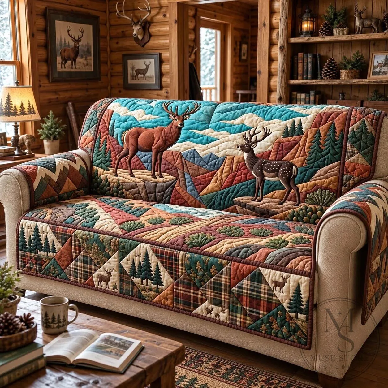 Highland Deer Lodge Quilted Sofa Cover, Rustic Cabin Decor Sofa Protector