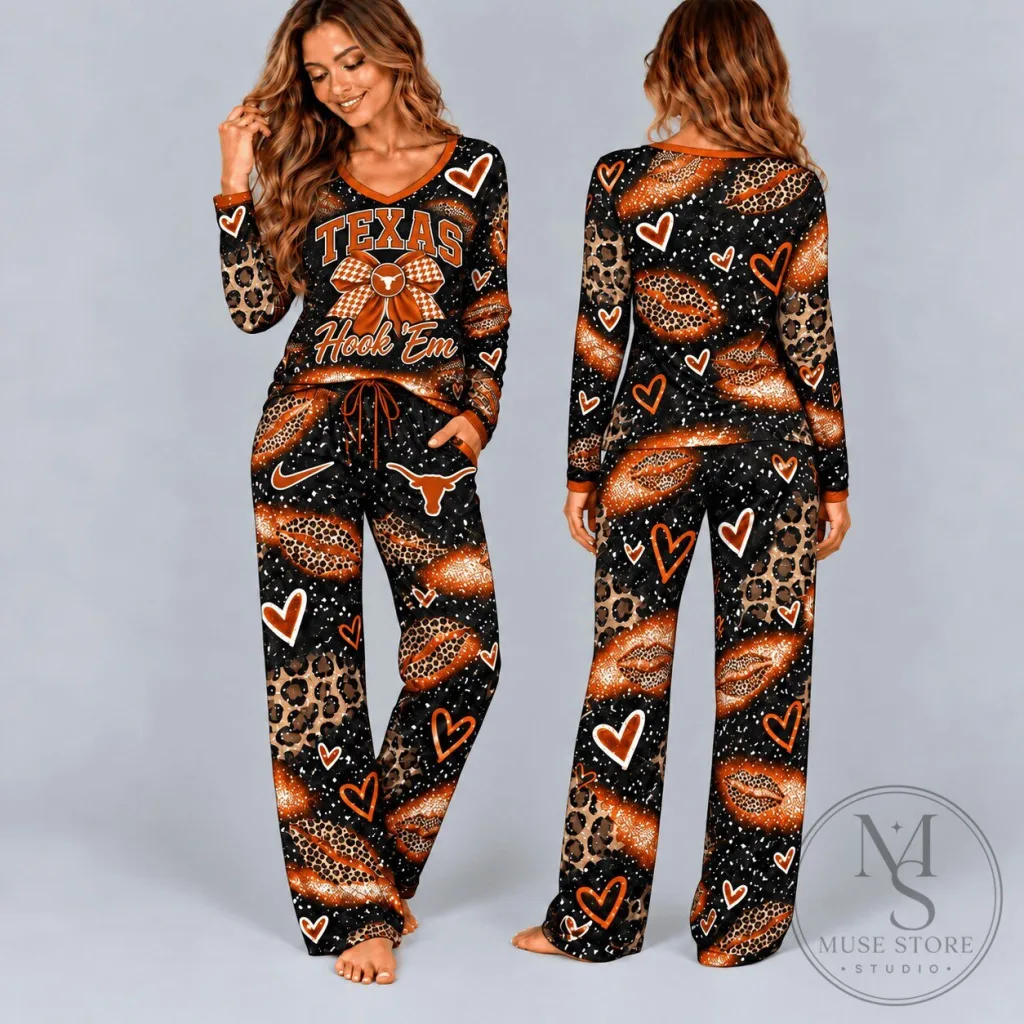 Texas Longhorns Leopard Print Hook 'Em V-Neck Pajamas Set Texas Longhorns Leopard Print Hook 'Em V-Neck Pajamas Set