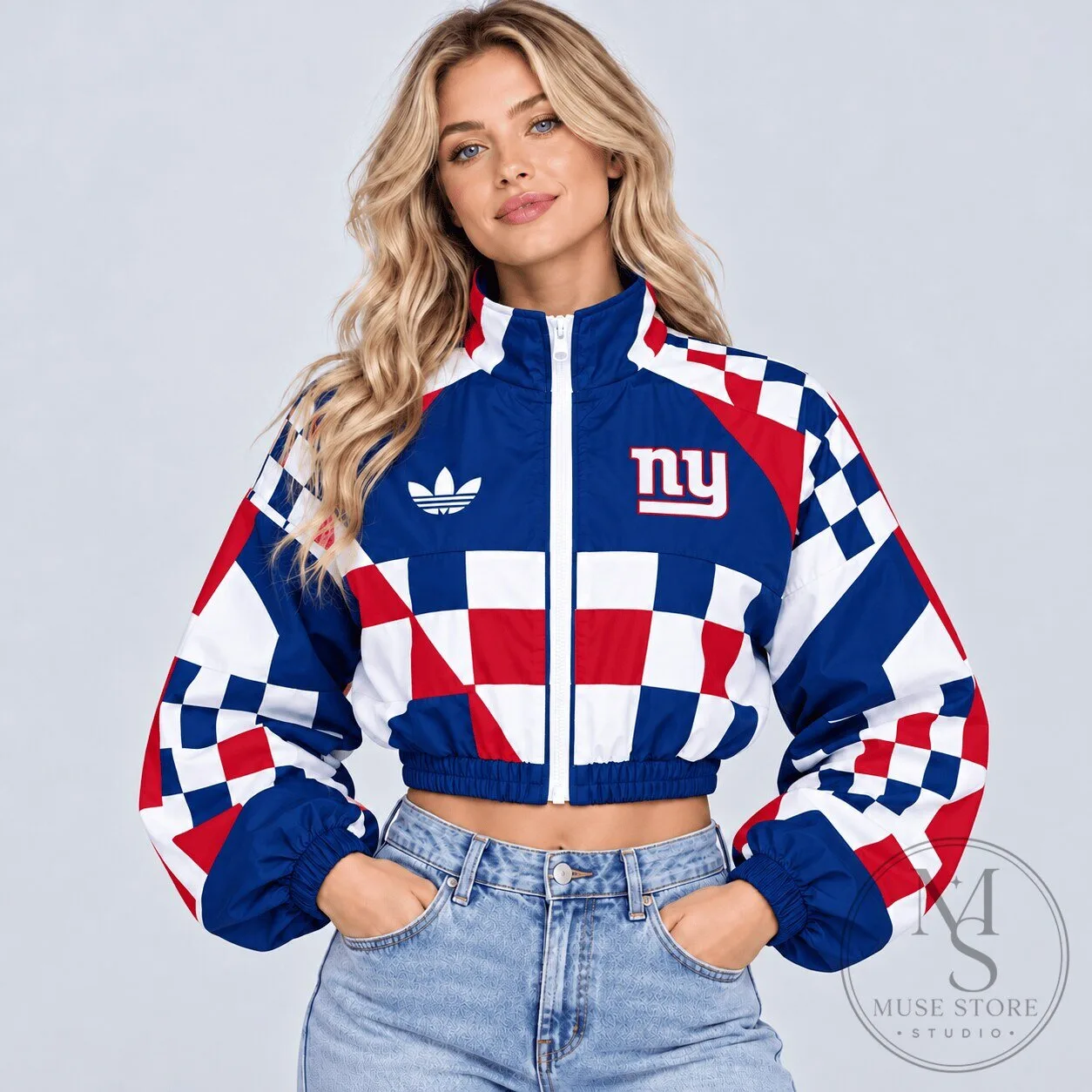 New York Giants NFL Retro Racing Checkered Flag Colorblock Full-Zip Jacket