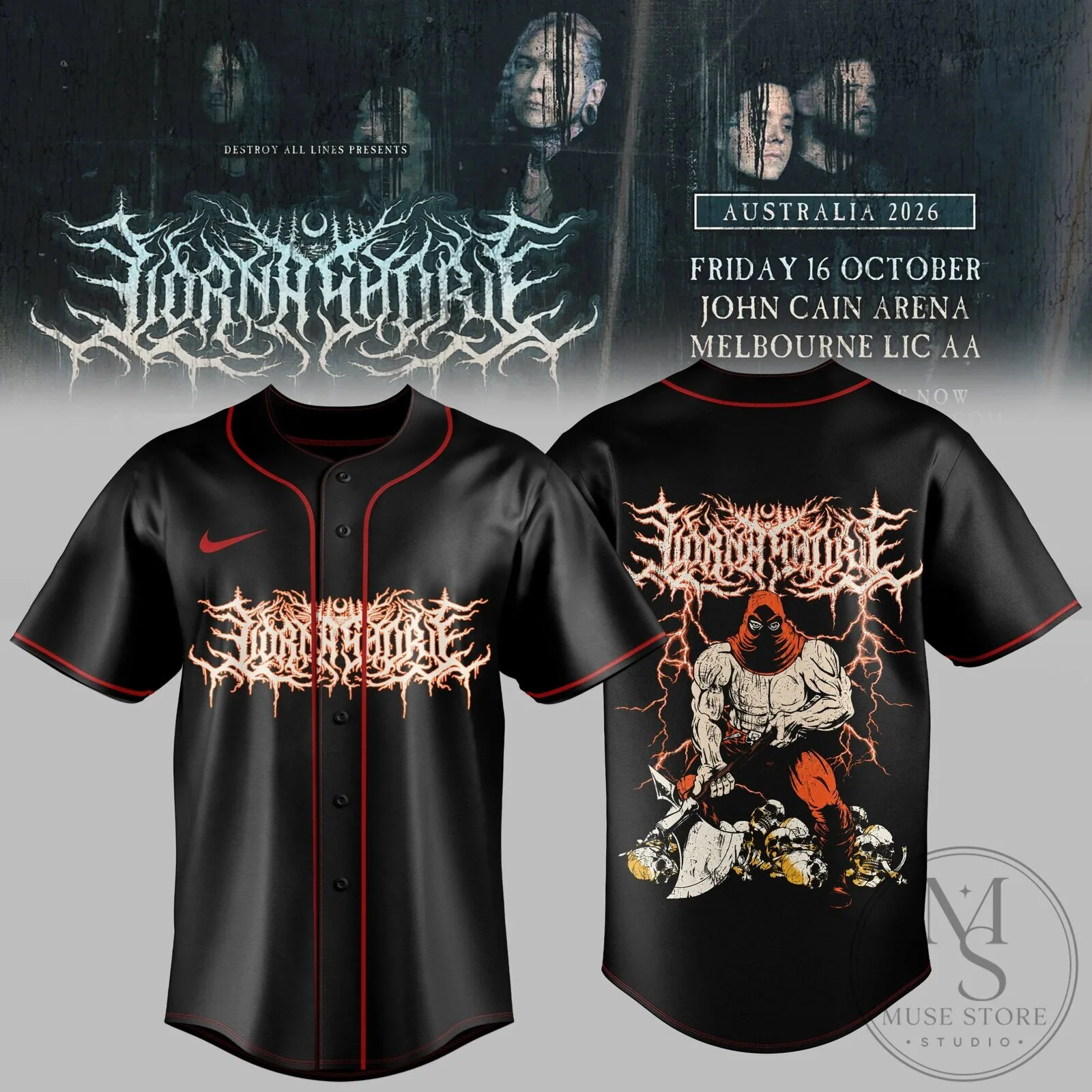Lorna Shore Australia and New Zealand Tour 2026 Black Baseball Jersey