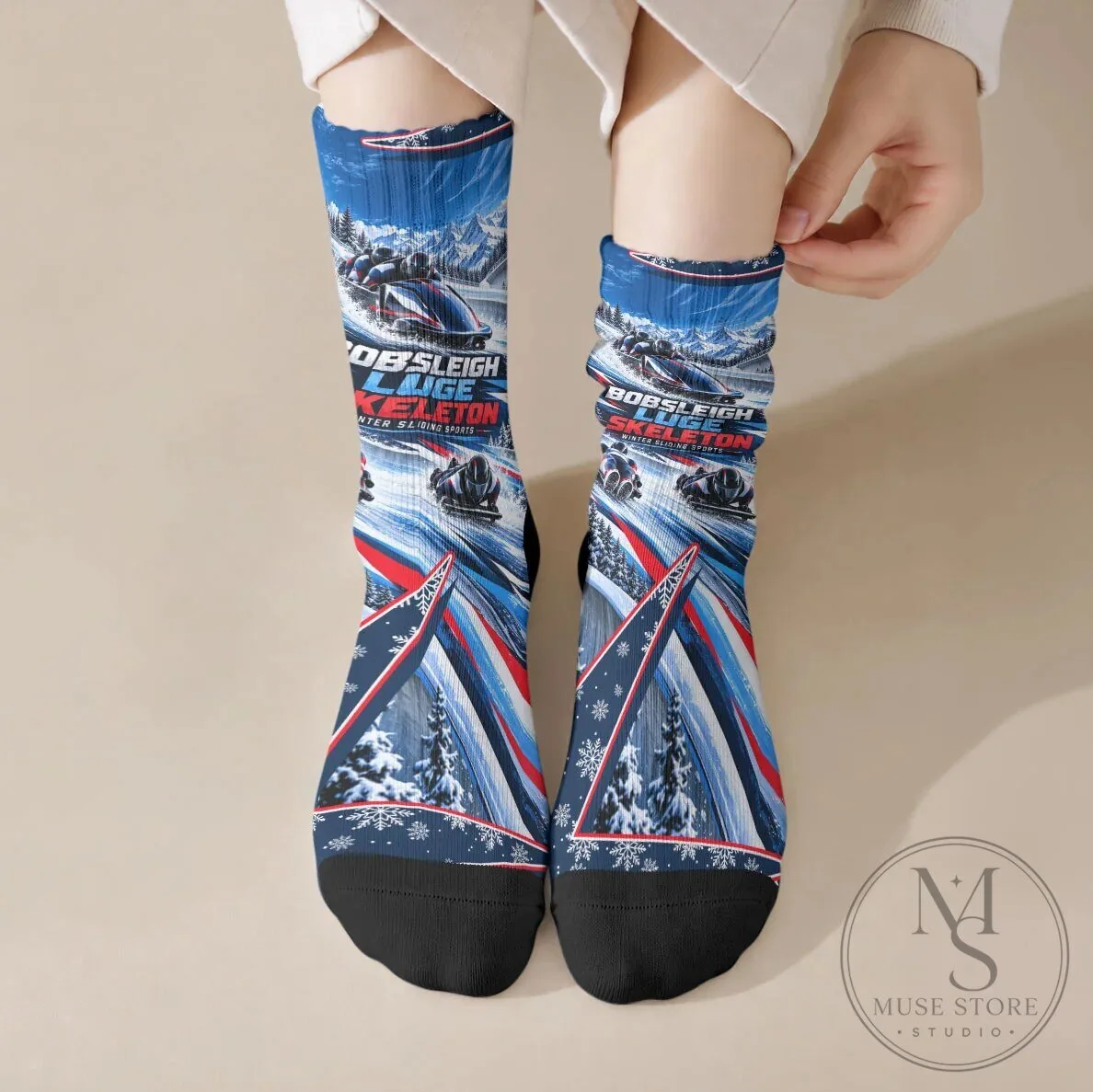 Winter Sliding Sports Bobsleigh Luge Skeleton Snowflakes Crew Socks 7 Winter Sliding Sports Bobsleigh Luge Skeleton Snowflakes Crew Socks