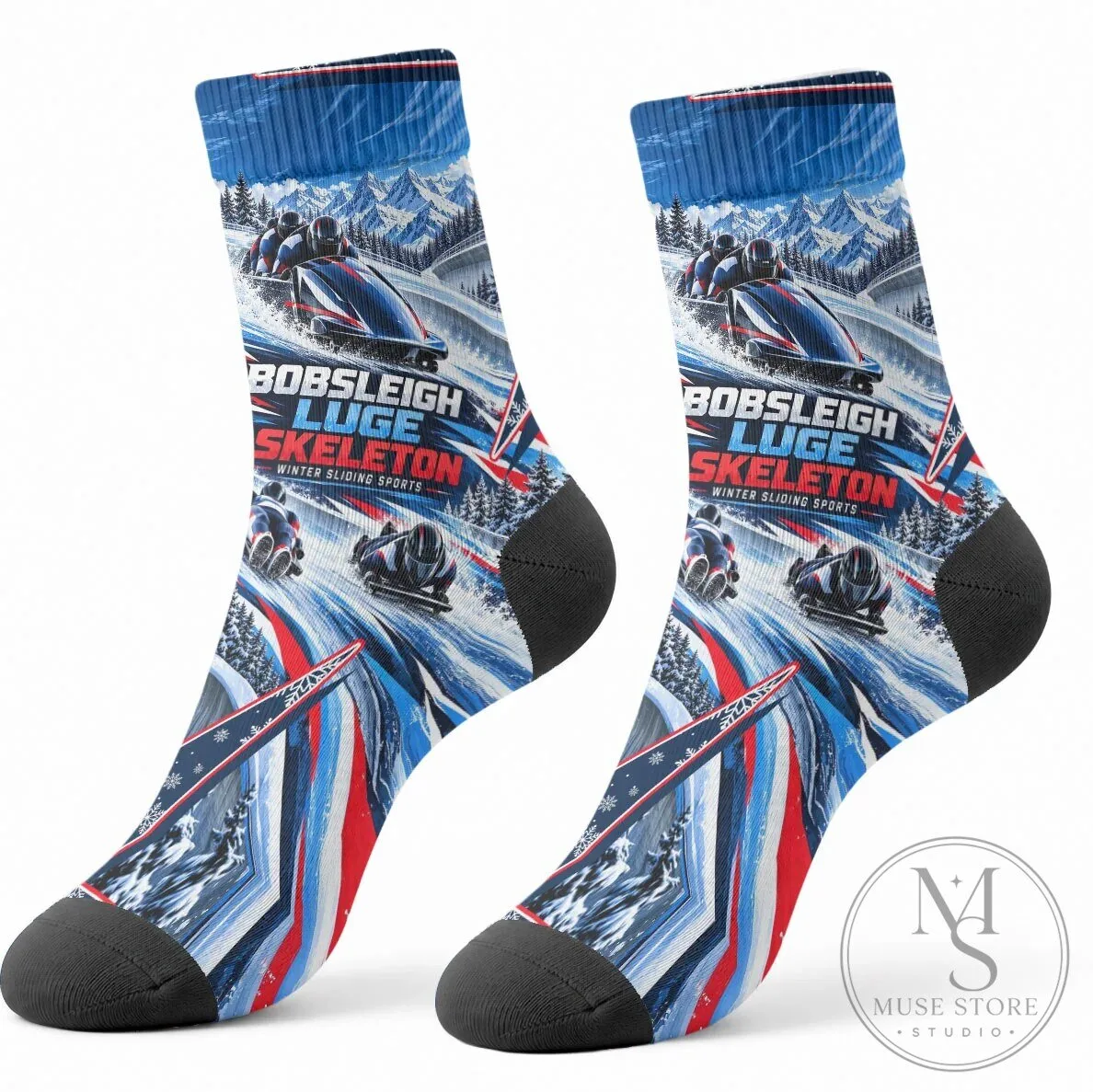 Winter Sliding Sports Bobsleigh Luge Skeleton Snowflakes Crew Socks 8 Winter Sliding Sports Bobsleigh Luge Skeleton Snowflakes Crew Socks