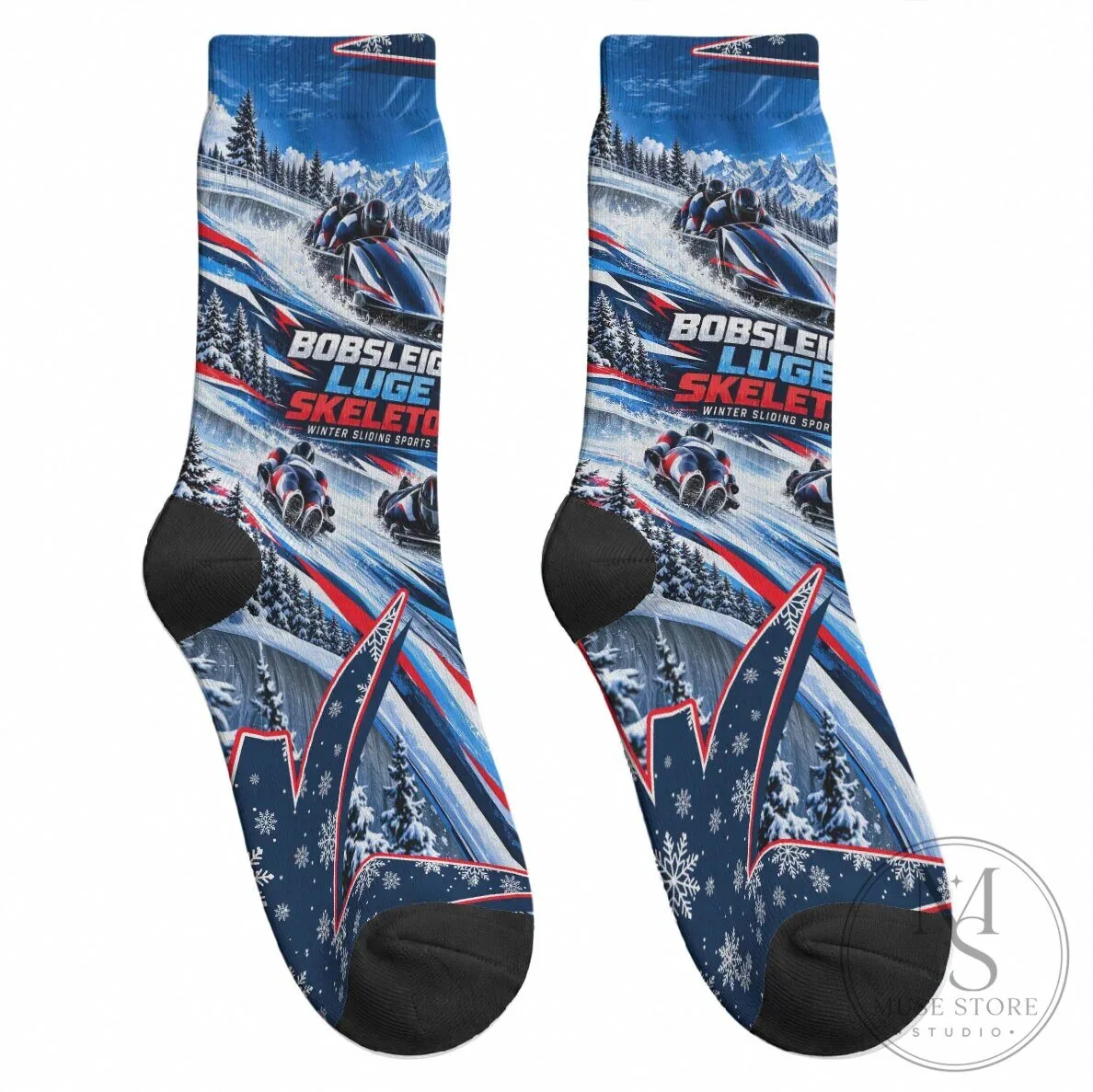 Winter Sliding Sports Bobsleigh Luge Skeleton Snowflakes Crew Socks 9 Winter Sliding Sports Bobsleigh Luge Skeleton Snowflakes Crew Socks