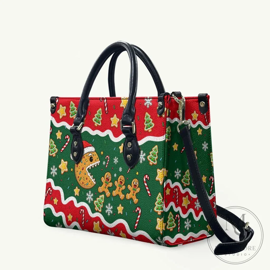 Christmas Gingerbread Pac-Man Cookies Candy Cane Festive Leather Handbag