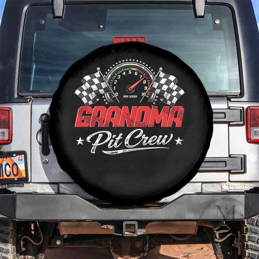 Grandma Pit Crew Racing Flag Spare Tire Cover for Car Enthusiast Grandmothers