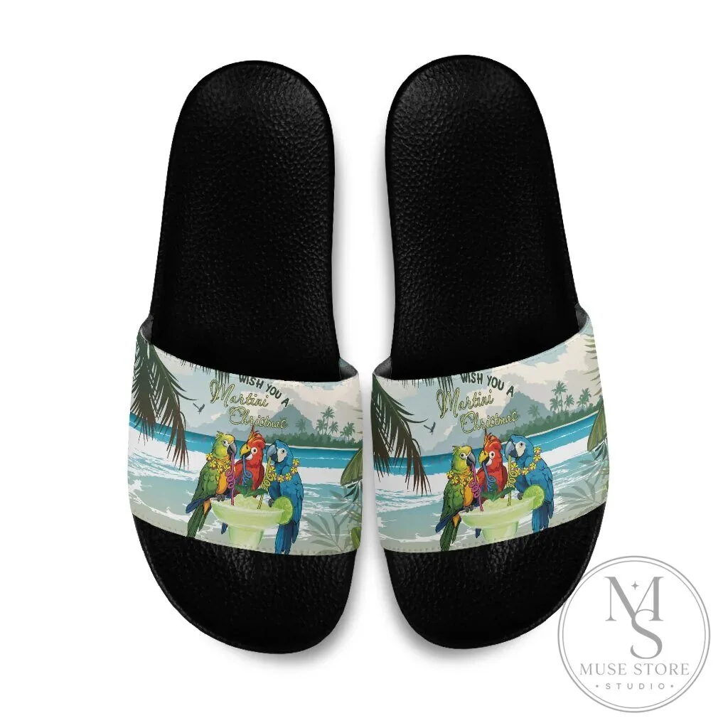 Wish You A Merry Martini Christmas Parrot Beach Party Slide Sandals