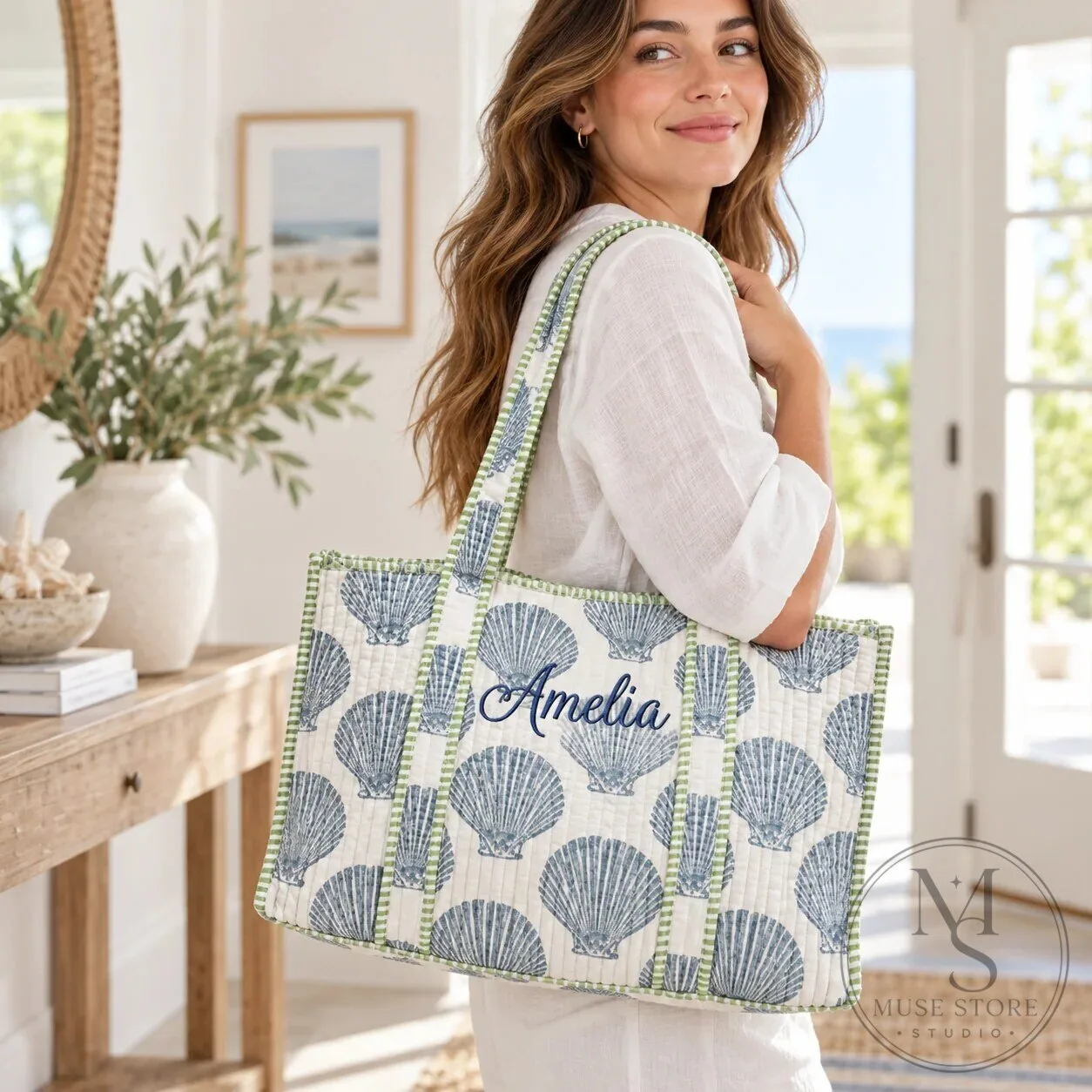 Personalized Seashell Pattern Quilted Tote Bag 9 Personalized Seashell Pattern Quilted Tote Bag