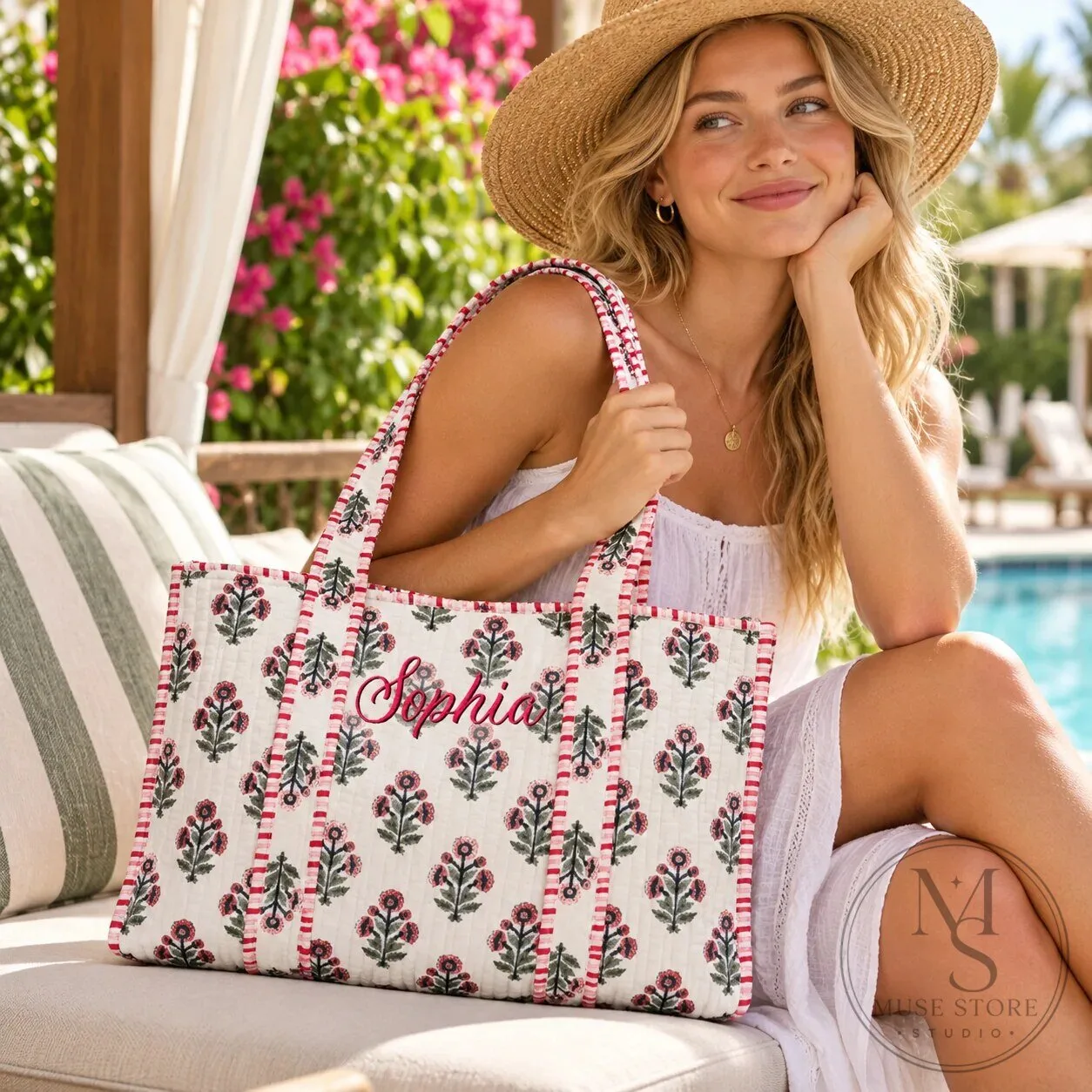 Personalized Seashell Pattern Quilted Tote Bag 10 Personalized Seashell Pattern Quilted Tote Bag