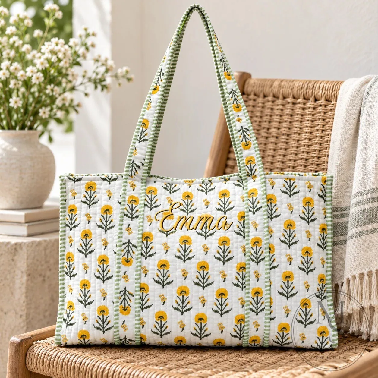 Personalized Seashell Pattern Quilted Tote Bag 12 Personalized Seashell Pattern Quilted Tote Bag