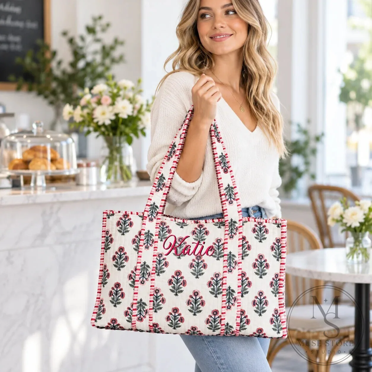 Personalized Seashell Pattern Quilted Tote Bag 13 Personalized Seashell Pattern Quilted Tote Bag